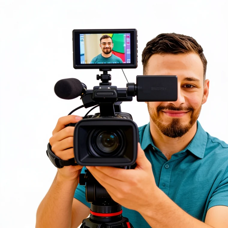 Cámara del equipo grabando vídeo con videocámara profesional